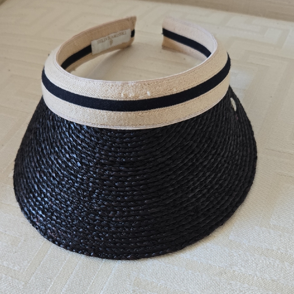 Helen Kaminski Black Braided Straw Visor with Beige Trim